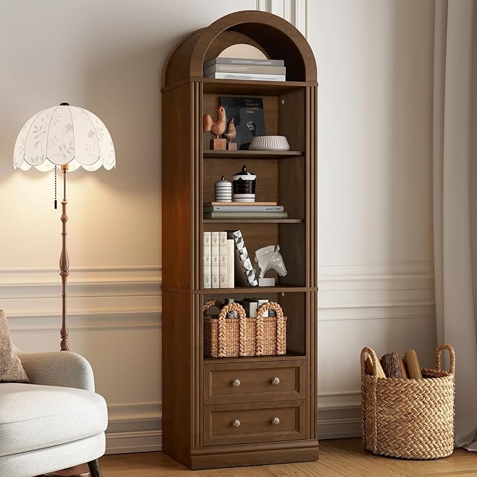 RALGEND Tall Narrow Bookshelf Set of 2, Arched Bookshelf with 2 Drawers, 7-Tier Farmhouse Arch Bookcase, Wooden Book Shelf with Open Display Shelves for Office, Living Room, Kitchen, Walnut