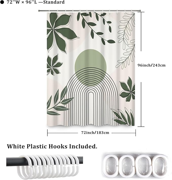 Boho Shower Curtain Modern Abstract Green Leaves Sun Bathroom Curtain Minimalist Geometric Arch Nature Fresh Decor Shower Curtain Waterproof Fabric with Hooks 72x96