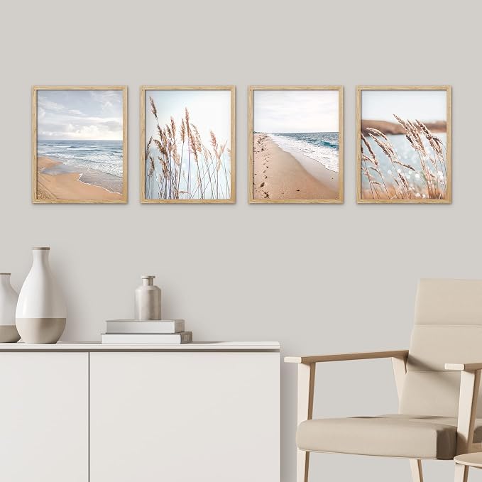 SIGNWIN Framed White Beach Grass Cloudy Ocean Sea Wave Horizon Wall Art, Set of 4 Landscape Colorful Wall Decor Prints, Nature Wilderness Wall Décor for Living Room, Bedroom - 11"x14" Natural