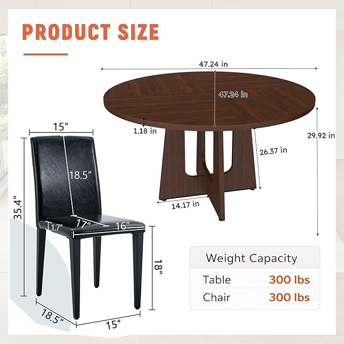47" Round Dining Table Set for 6, Walnut Wood Grain Table and 6 Black PU Leather Upholstered Chairs Set, Mid Century Modern Kitchen Table Set with Cross Legs