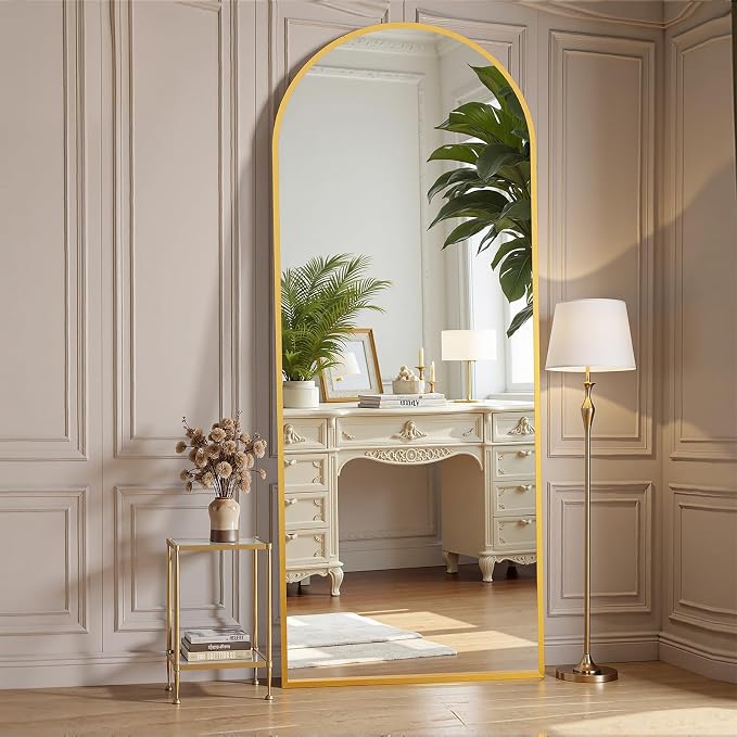 OLIXIS Arched Full Length Mirror 59"x16.3" for Bedroom, Full Body Mirror with Stand, Hanging or Leaning for Wall, Aluminum Alloy Thin Frame Floor Standing for Living Room, Long, Gold