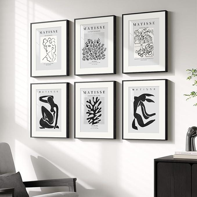 Framed Matisse Wall Art for Living Room, Set of 6 Modern Black and White Minimalist Botanical Body Line Prints for Walls, Abstract Aesthetic Pictures for Bedroom, Bathroom, Dining Room Decor, 11x14