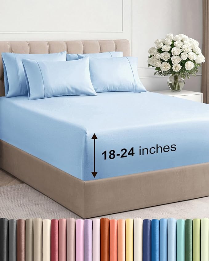 Extra Deep King Sheet Set - 6 Piece Breathable and Cooling Sheets - Hotel Luxury Bedding for Women, Men, Kids & Teens - Easy & Secure Fit - Soft, Wrinkle Free & Comfy - Extra Deep Pockets - Light Blue