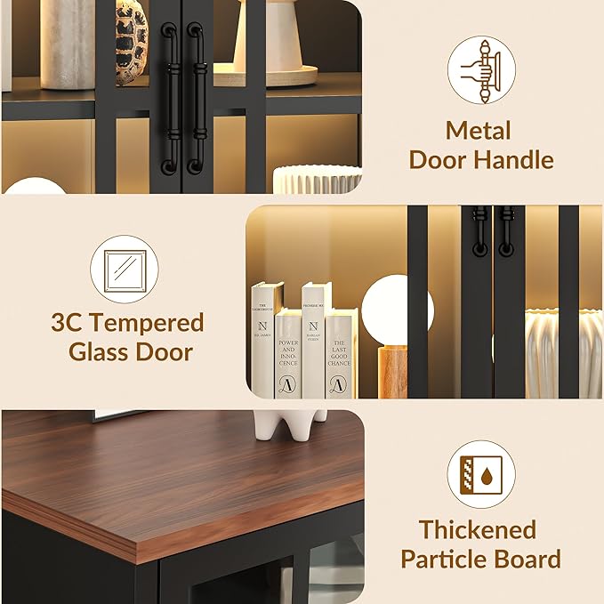 53" Glass Sideboard Buffet Cabinet with COB Lights, Adjustable Shelves, Modern Metal-Wood Buffet Table with Storage, Lighted Coffee Bar Display Cabinet for Dining Room Kitchen, Black