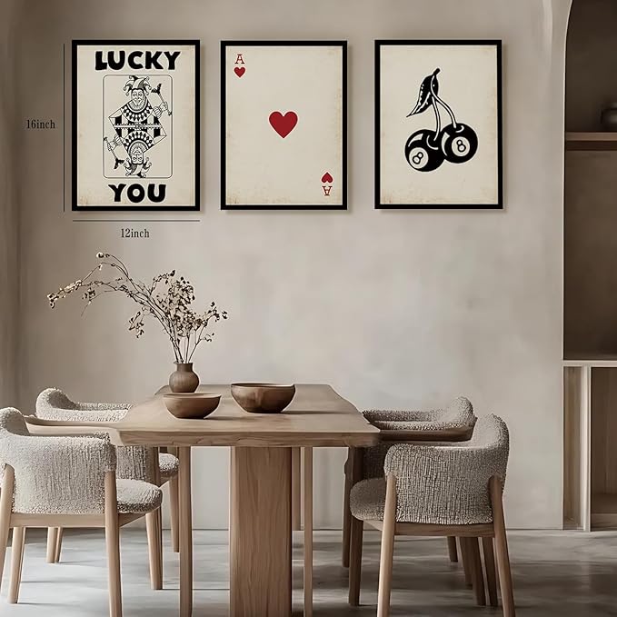 Poker Wall Art Lucky You Poster Set of 3, Trendy Retro Red Heart A Joker Prints Pictures for Living Room Wall Decor Rustic Vintage 8-Ball Pool Canvas Artwork for Bedroom Home Office Decoration 12x16"