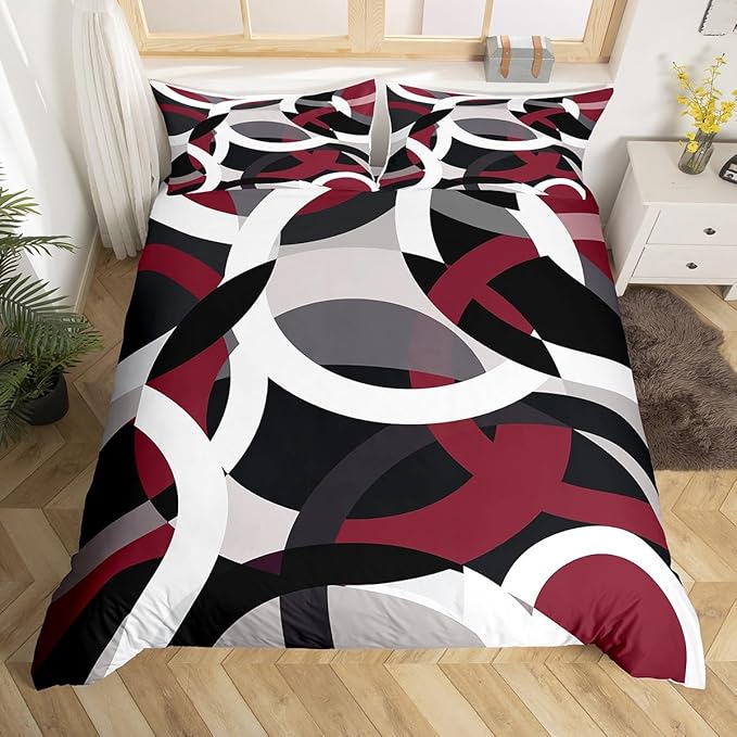 Geometric Circle Bedding Set for Girls Boys Kids Modern Retro Grommet Comforter Cover Grey Red Black Stripe Line Art Duvet Cover Room Decor Abstract Stripes Swirl Bed Set King Size 3Pcs (No Comforter)