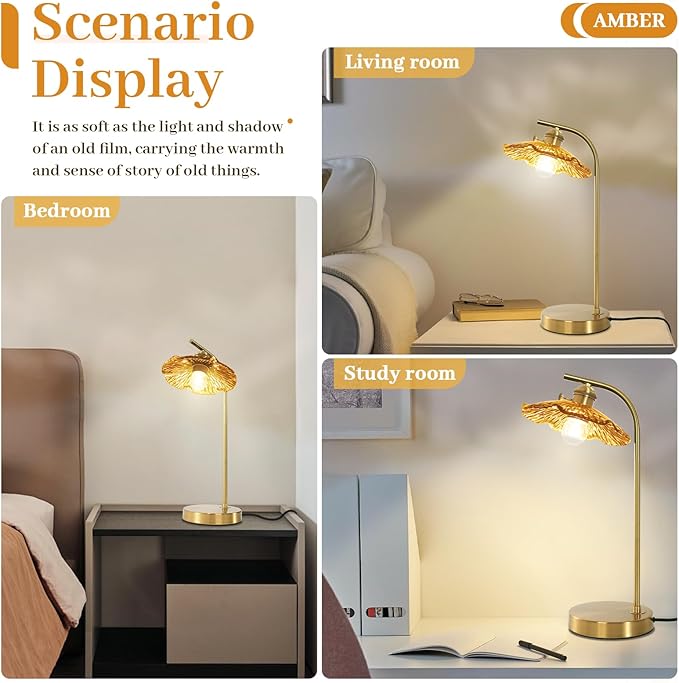 Modern Table Lamp Gold Table Lamp Mid Centry Table Lamps Touch Bedside Lamp Glass Bedside Lamp with Amber Flower Shade Vintage Desk Lamp Small Nightstand Lamps for Bedroom Living Room Office