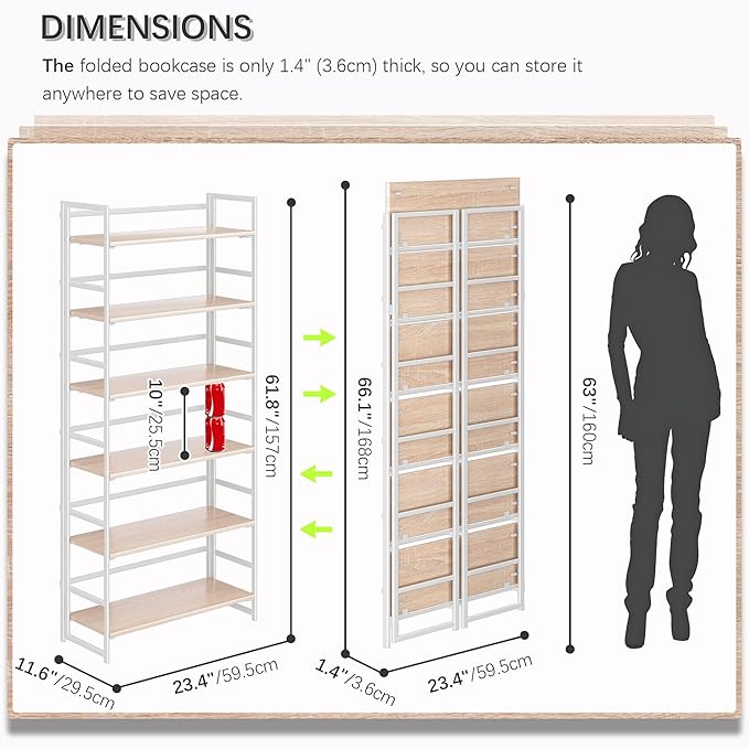 4NM No Assembly 6 Tiers Collapsible Book Shelves, 61.8" H Folding Bookshelf Bookcase Open Industrial Foldable Shelves for Bedroom, Living Room, Home Office - Natural White