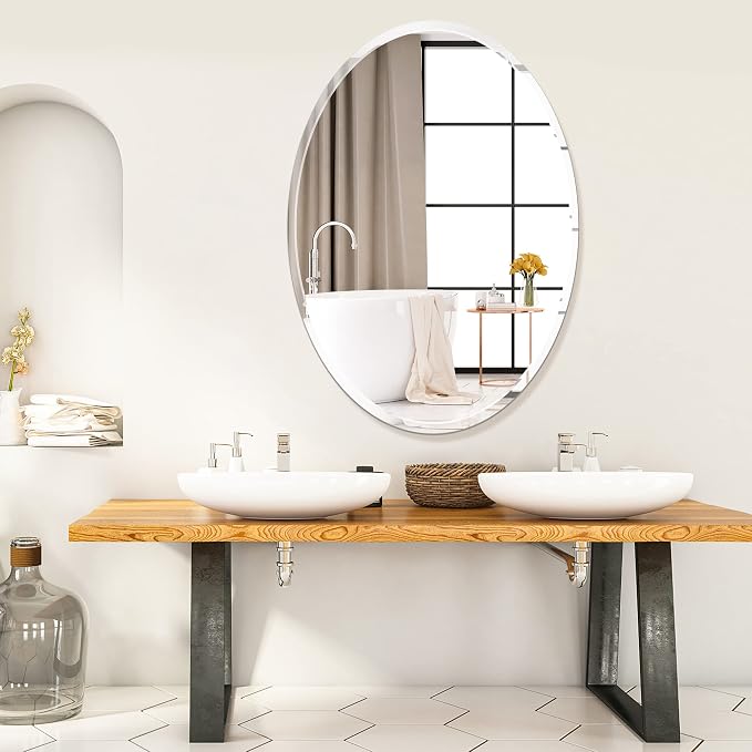Frameless Oval Bathroom Mirror, 24x36 Inch Beveled Edge Vanity Wall Mirror for Over Sink, Modern Decorative Mirror for Bathroom, Bedroom, Entryway