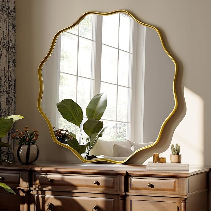 Round Wavy Mirror - 24 Inch Bathroom Vanity Mirror Metal Frame Circle Wall Mounted Mirror for Bedroom Living Room Entryway, Gold