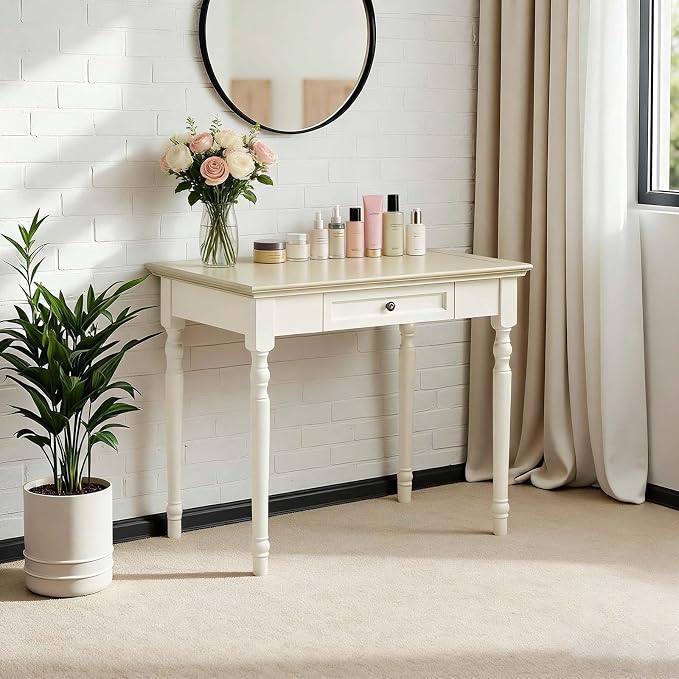 Beige Writing Desk with Drawer, 35" Solid Wood French Country Style Computer Desk for Home Office, Living Room Study or Workspace