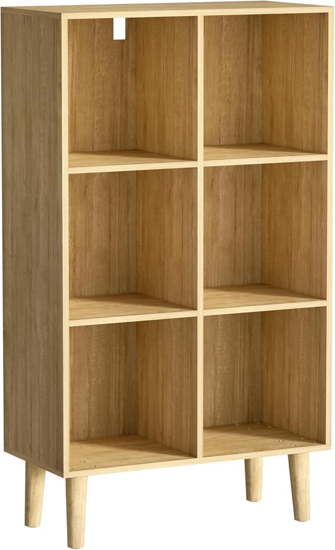 6 Cube Bookcase, Wooden Book Shelf Cube Storage Organizer with Legs, 3 Tier Bookshelf Freestanding Open Shelves for Bedroom, Living Room and Home Office (Oak, 6 Cube Vertical)