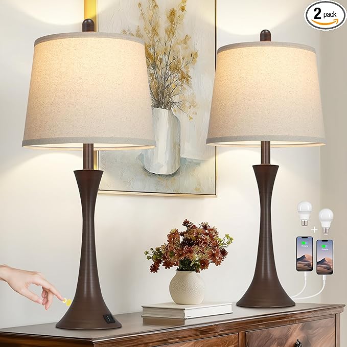 Rinweey 27.5" Table Lamps Set of 2, Touch Bedside Lamps with USB C+A Ports, 3 Way Dimmable Nightstand Lamps for Bedroom, Living Room, Office, Brown Lamp with Beige Lampshade, Bulbs Included
