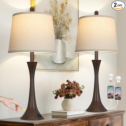 Rinweey 27.5" Table Lamps Set of 2, Touch Bedside Lamps with USB C+A Ports, 3 Way Dimmable Nightstand Lamps for Bedroom, Living Room, Office, Brown Lamp with Beige Lampshade, Bulbs Included