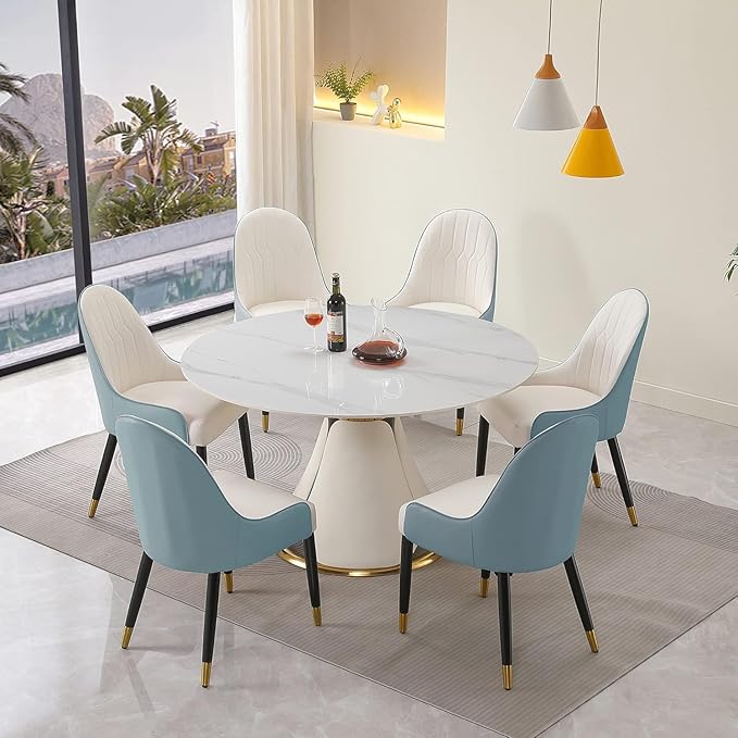 59'' Round Marble Dining Table Set for 6-8, Multi-Functional Retractable Kitchen Table, Dining Room Table Set Petal Pu Leather & Metal Base (1 Table and 6 Blue Chairs)