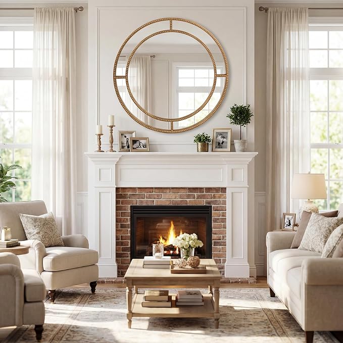 Tangkula 28" Gold Round Wall Mirror, Circle Decorative Modern with Beaded Frame for Living Room, Entryway, Fireplace, Bedroom, Vintage Mirror Wall Decoration