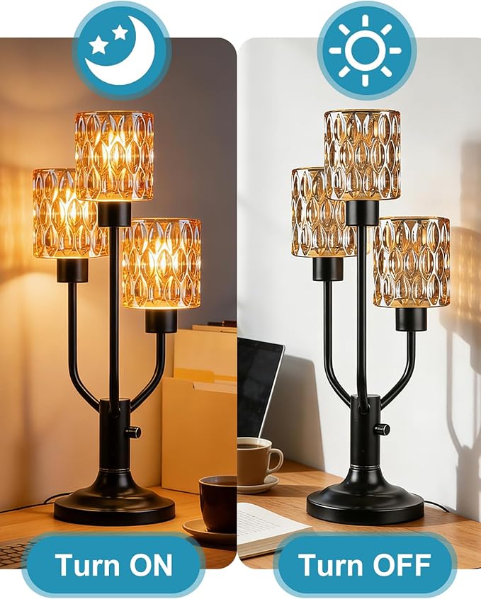 Lightdot Mid Century Modern Table Lamp for Bedroom Dimmable Nightstand Lamp Vintage Black Desk Lamp Amber Glass 3 Bulbs Included Warmwhite Ambient Bedside Lamps for Living Room Home Office Decor Gift