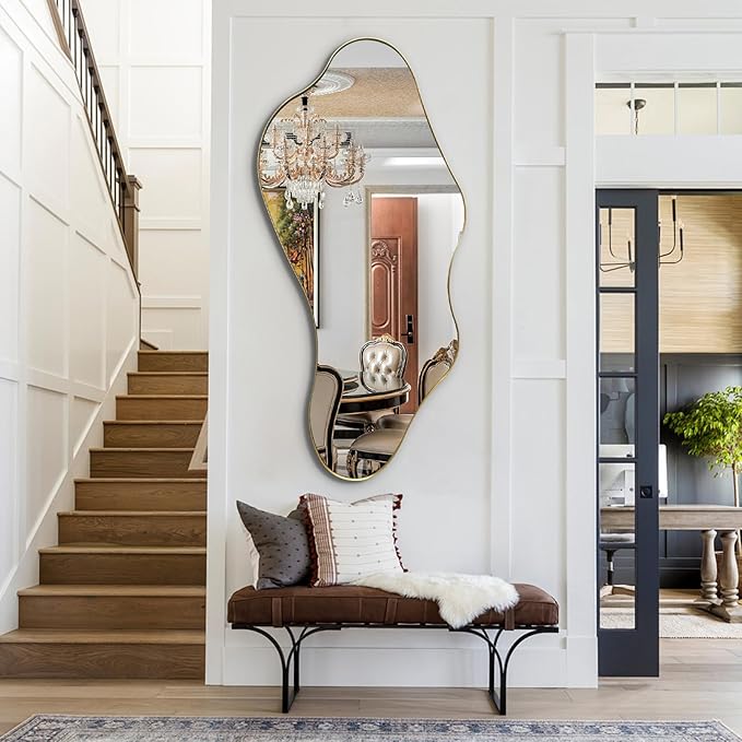 Irregular Wall Mirror, 47"x22" Gold Asymmetrical Mirrors with Metal Frame, Unique Shaped Decorative Mirror, Modern Abstract Mirrors for Living Room Bathroom Bedroom Hallway Entryway