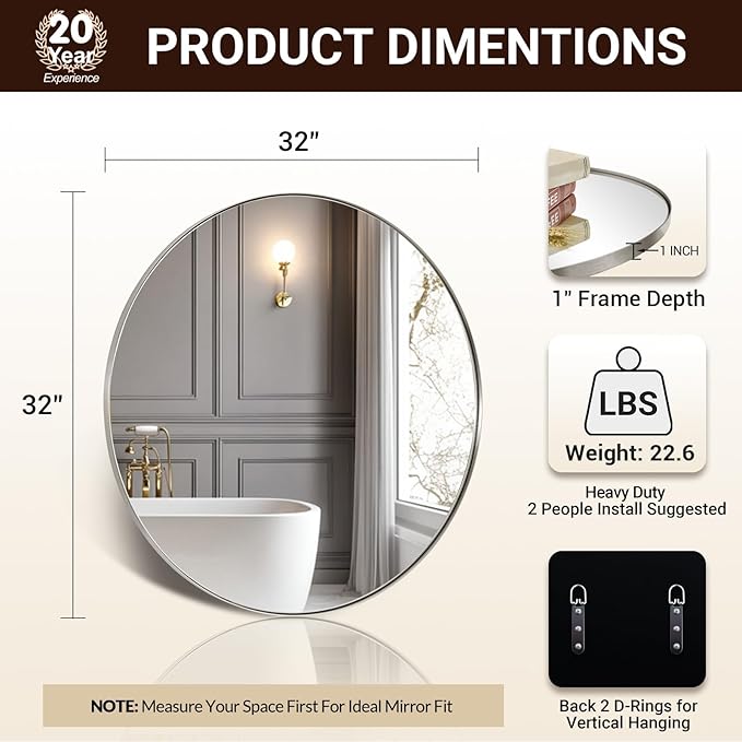 ANDY STAR Silver Round Mirror, 32" Brushed Nickel Bathroom Mirror, Stainless Steel Metal Framed Circle Wall Mirrors, Large Modern Vanity Mirror for Entryway, Living Room
