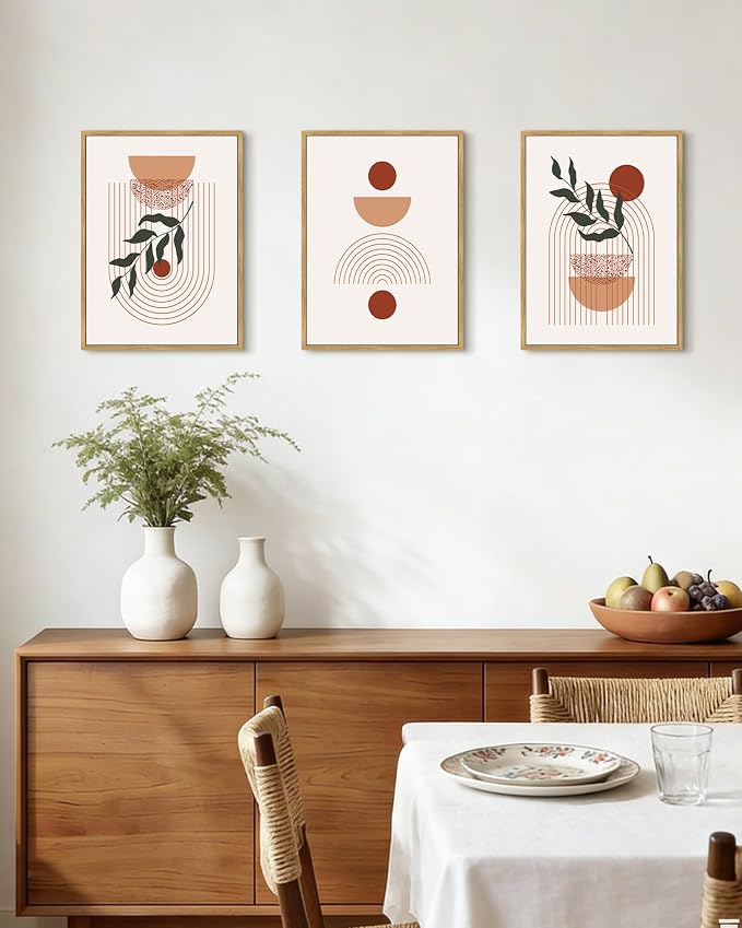 Drsoum Green Botanical Boho Plant Wall Art Framed Modern Sage Wall Decor Abstract Geometry Lines Artwork Hallway Bedroom Prints Ready to Hang 11x14in Natural Framed