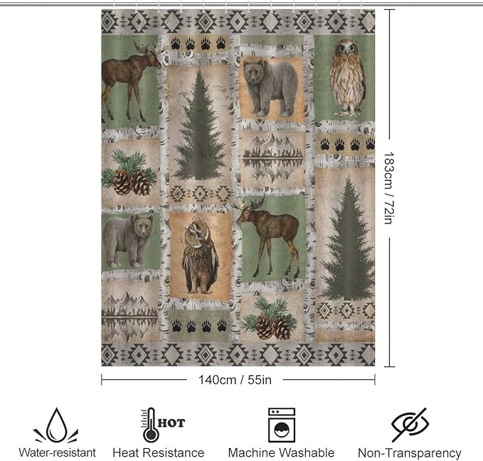 Vintage Bear Country Shower Curtains, Woodland Wildlife Paw Print Dried Branches Patchwork Waterproof Shower Curtains for Bathroom Decor 12 Pack Hooks 55x72in（140x183cm）