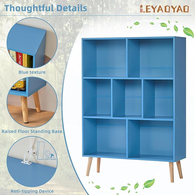 LEYAOYAO Cube Bookshelf 3 Tier Mid-Century Blue Modern Bookcase with Legs,Retro Wood Bookshelves Storage Organizer Shelf,Freestanding Open Book Shelves for Bedroom,Living Room,Office