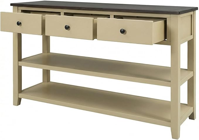 LUMISOL Long Console Table with 3 Storage Drawers, Solid Wood Sofa Table with Storage & Open Shelves, Retro Entryway Tables for Hallway Living Room (Beige)