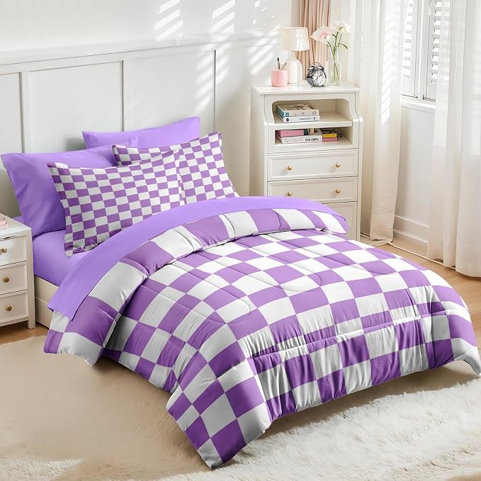 Nesker Comforter Set Full Size, Purple Plaid Gingham 7 Pcs Bedding for Kids and Adults, Checkerboard Grid Bed Sheet Sets with Fitted Sheet 2 Pillowcases & 2 Shams