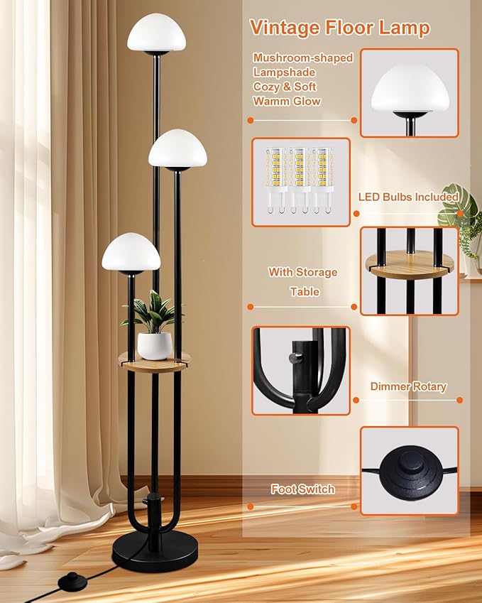 Lightdot Black Dimmable Floor Lamp with Table Modern Floor Lamps with 5Lbs Heavy Base for Living Room 3000K Warm Lights Included Standing Lamp with Mushroom Shades for Bedroom/Sofa Beside/Corner Decor