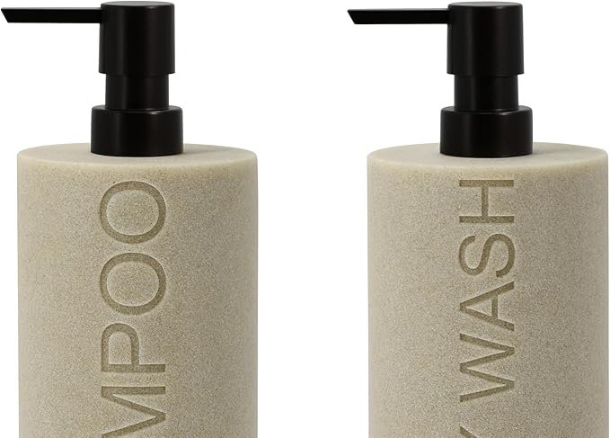 Resin 2 Pack Shampoo, Conditioner or Body Wash Dispenser Set, Luxurious Refillable Pump Bottles with Matte Pump Top and Embossed Text, Durable Design for Bathroom and Shower