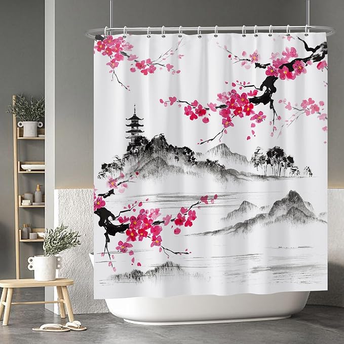 Baocicco Plum Blossom Shower Curtain Pink Cherry Blossom Floral Misty Mountains Shower Curtains Decorative for Bathroom Waterproof Fabric Shower Curtain with Hooks 72x78 Inches