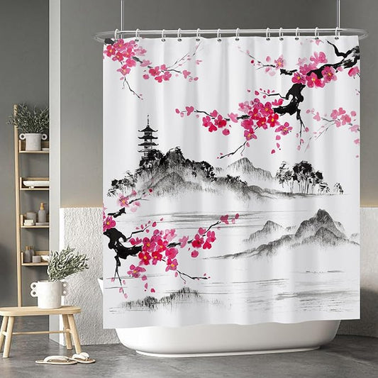 Baocicco Plum Blossom Shower Curtain Pink Cherry Blossom Floral Misty Mountains Shower Curtains Decorative for Bathroom Waterproof Fabric Shower Curtain with Hooks 72x78 Inches