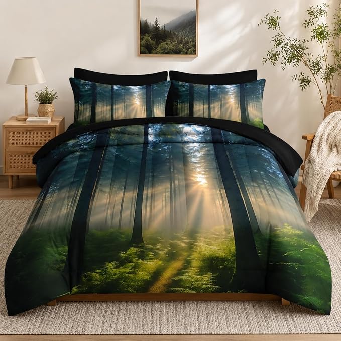 Nesker Comforter Set Full Size, Sunlit Forest Nature 7 Pcs Bedding for Kids and Adults, Misty Tree Forest Bed Sheet Sets with Fitted Sheet 2 Pillowcases & 2 Shams