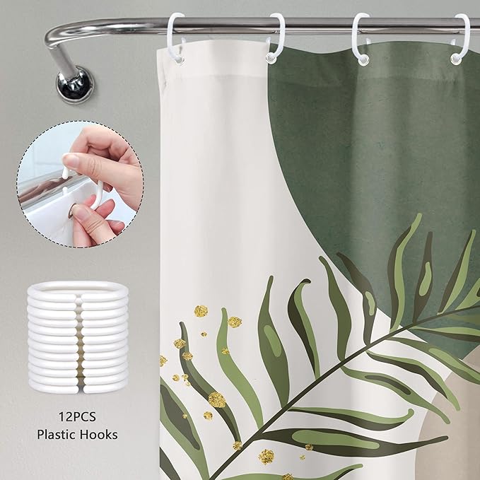 Green Boho Shower Curtain 72Wx96H Extra Long Mid Century Modern Abstract Green Gold Minimalist Leaves Sun Arch Bathroom Decor Geometric Plant Bath Curtain Fabric Polyester 12 Pack Hooks