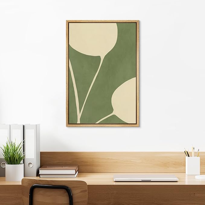 SIGNLEADER Framed Canvas Print Wall Art Minimal Botanical Curves in Green and Cream Abstract Illustration Modern Art Decorative Zen for Living Room, Bedroom, Office - 24"x36" NATURAL