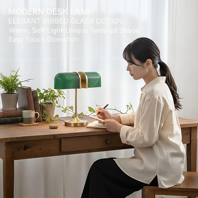 Vintage Milk Glass Bankers Desk Lamp - Dimmable Touch Control Bedside Lamp with USB A+C Charging Ports, for Bedroom Nightstand & Living Room, Bulb Included (Green)