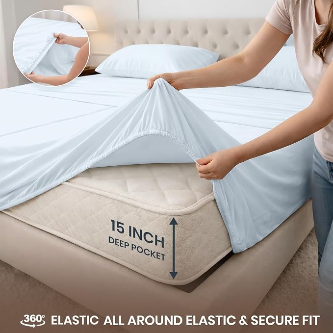SGI Split King Sheet Set for Adjustable Bed Egyptian Premium Cotton 600 Thread Count Sheets for Sleep Number Bed 15" Deep Pocket 5 Pc Set with 2 Twin XL Fitted Sheets Soft Breathable -Light Blue