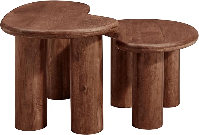 Modway Hackney Mango Wood Nesting Coffee Table Set in Walnut - 2 Piece Kidney-Shaped Wood Coffee Table for Living Room
