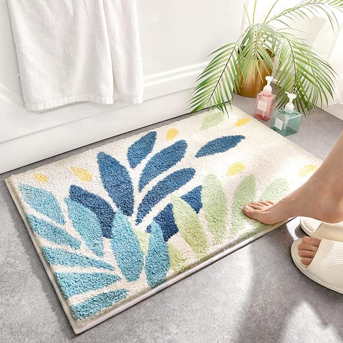 Hi Space Bathroom Rugs 24x16IN Blue Leaves Bath Mat for Bathroom Non Slip Machine Washable Soft Microfiber Absorbent Cute Bath Rug Plush for Tub Shower Sink Fluffy Home Decor Accessories
