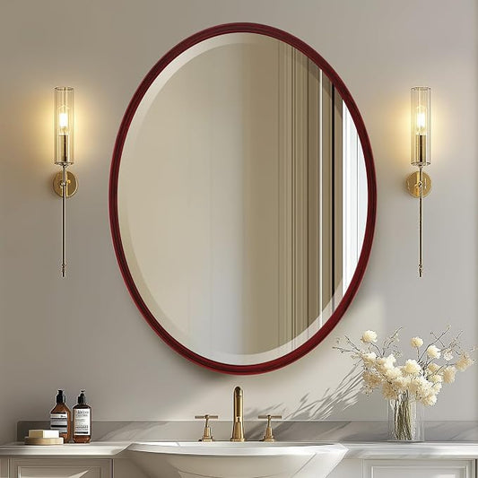 OVALCREST - Oval Wooden Beveled Wall Mirror for Home Decor, Bathroom, Vanity, Bedroom, Living Room, Hallway - London Style (Black Cherry) 37.1 x 25.1