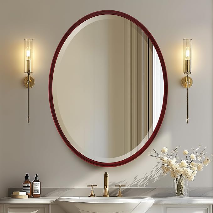 OVALCREST - Oval Wooden Beveled Wall Mirror for Home Decor, Bathroom, Vanity, Bedroom, Living Room, Hallway - London Style (Black Cherry) 25.1 x 19.1