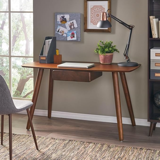 Hassyee Mid-Century Modern Style Writing Desk with Large Drawers, Computer Study Desk with Solid Rubberwood Legs for Home Office Workspace or Entryway (Walnut)