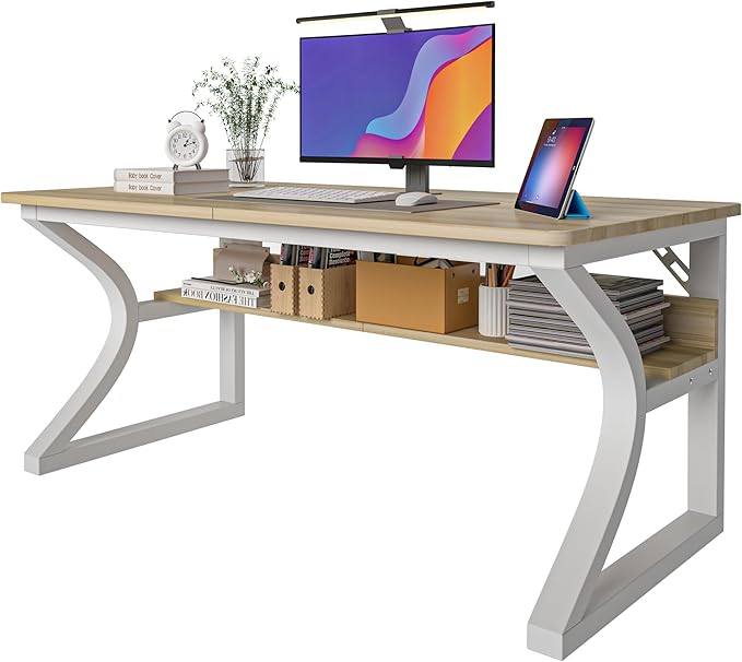 AZN Computer Desk, 55x24 in Computer Desk, Office Desk w/Storage & U-Size Metal Frame for Home Office Bedroom Gaming, Office Desk w/Water-Resistant, Scratchproof Surface, Light Walnut