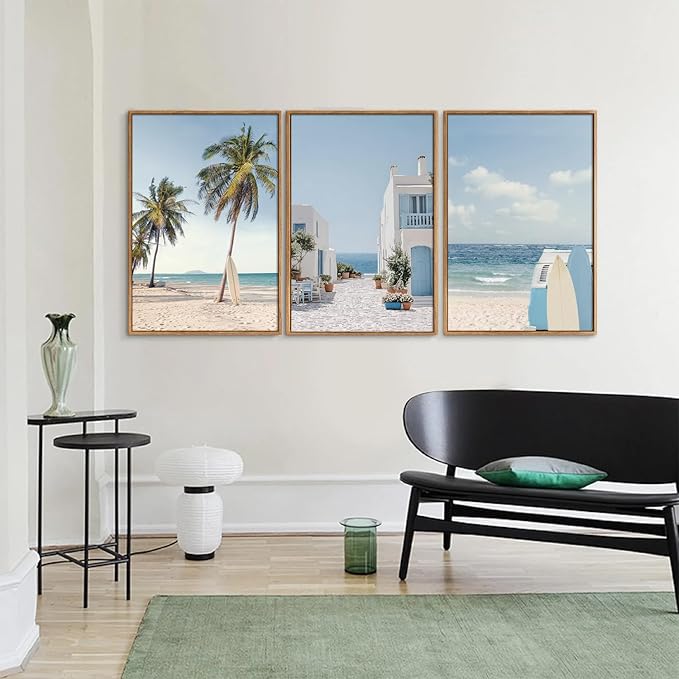 Rantodecor Beach Themed Framed Canvas Wall Art, Palm Tree Surfboard Van Wall Decor, Nordic Blue and White House Art Painting, Modern Relaxing Seascape Artwork for Bedroom Living Room Office 16"x24"x3
