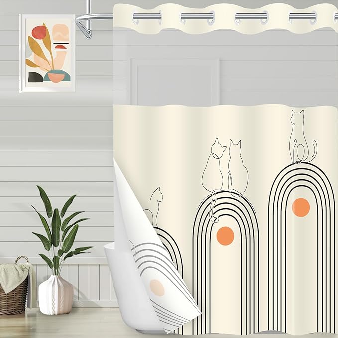 No Hook Shower Curtain and Liner Set, Boho Cat Shower Curtains with Snap in Fabric Liner for Bathroom, Ringless Waterproof Washable with See Through Top Window, Cream Beige 71" x 74"