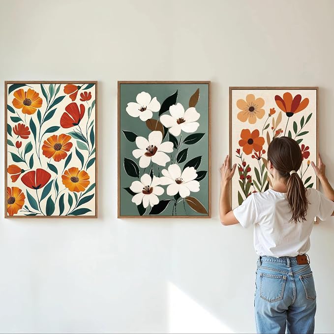 KaiWithYuan Vintage Floral Framed Canvas Wall Art, Boho Burnt Orange Flower Wall Decor, White Wild Flower Art Paintings, Retro Cozy Farmhouse Botanical Artwork for Bedroom Living Room Office 16"x24"x3