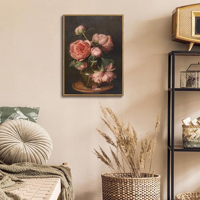 WALLZK Vintage Framed Wall Art Peony Wall Decor Pink Floral Canvas Prints Cottagecore Decor Rustic Farmhouse Pictures Artwork for Walls Living Room Bedroom Bathroom 16"x24"