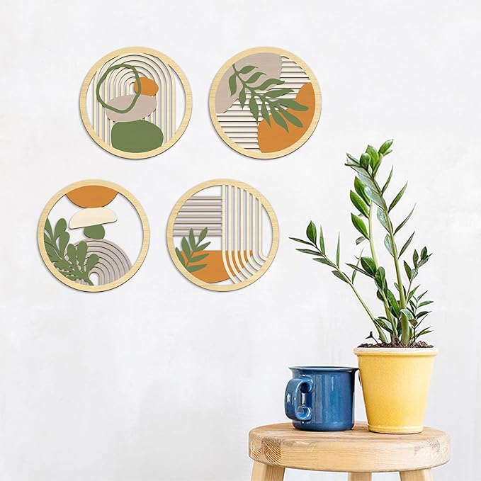 TOARTi 4Pieces Boho Botanical Wooden Wall Art,Abstract Bohemian Hanging Art,Farmhouse Geometric Neutral Round Wall Decor,Mid Century Minimalist Aesthetic Plant Artwork for Bedroom Living Room Office
