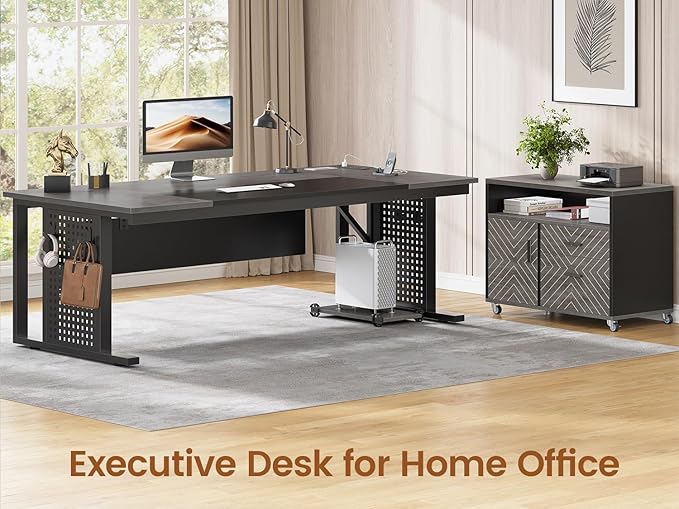 SEDETA 71" Executive Desk with Rolling File Cabinet, Large Office Desk with Drawers, L Shaped Computer Desk with Power Outlets, CPU Stand, Pegboard and Storage Shelves, Gray