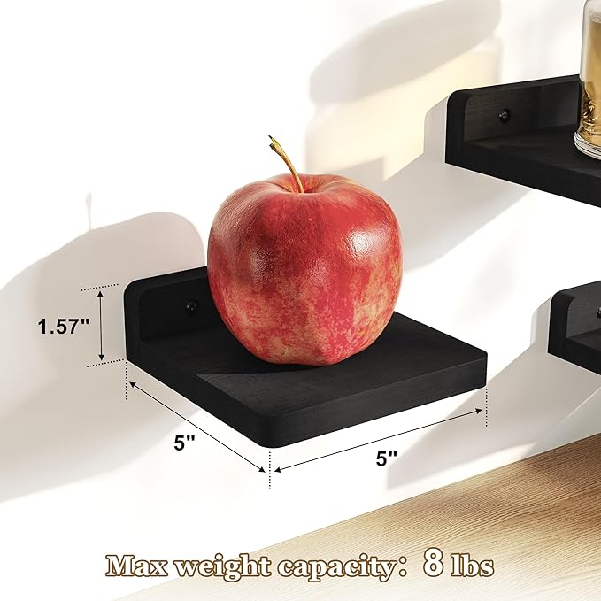 SRIWATANA Small Floating Shelves Wall Mounted, Wood Shelf for Decoration and Storage Set of 4, Mini Display Shelf for Bedroom, Bathroom, Kitchen, Office (Black, 5 inch) (Pack of 2)